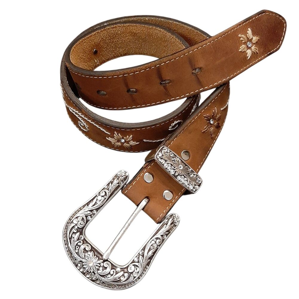 Vintage NOCONA Belt Brown Genuine Leather Western Embroidered Rhinestones Buckle